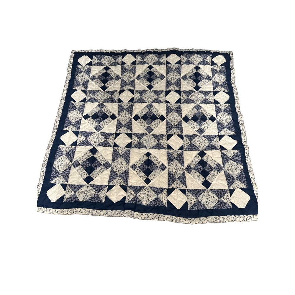 Handmade Vintage Quilt 49"x49" Blue & Cream Floral